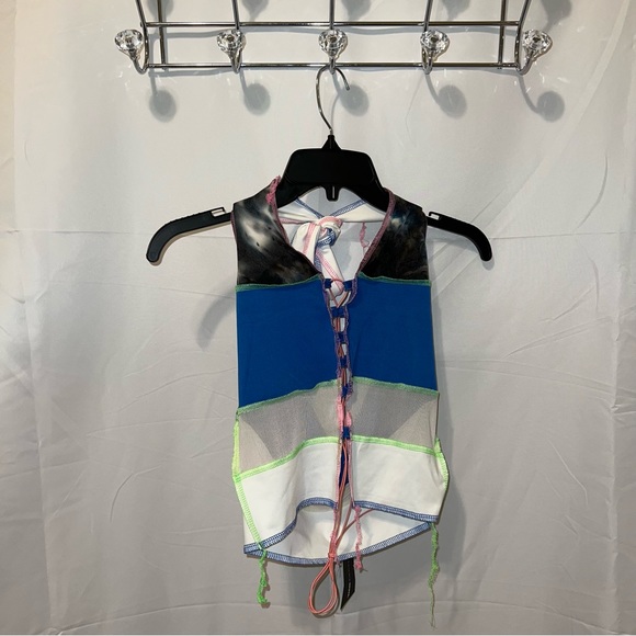 Color It In Colorblock Halter Top - Blue Green Pink Topstitching Distressed - Picture 2 of 16